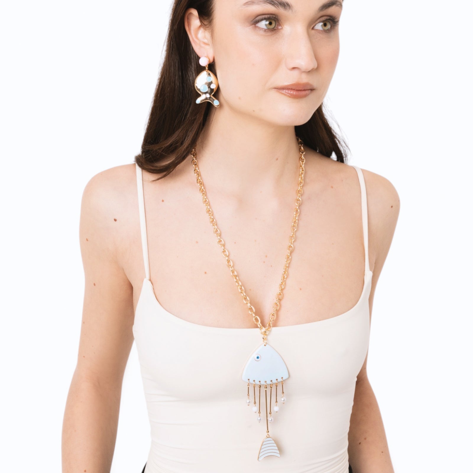 Collana lunga a catena sottile con pendente pesciolino smaltato celeste - Mya Accessories