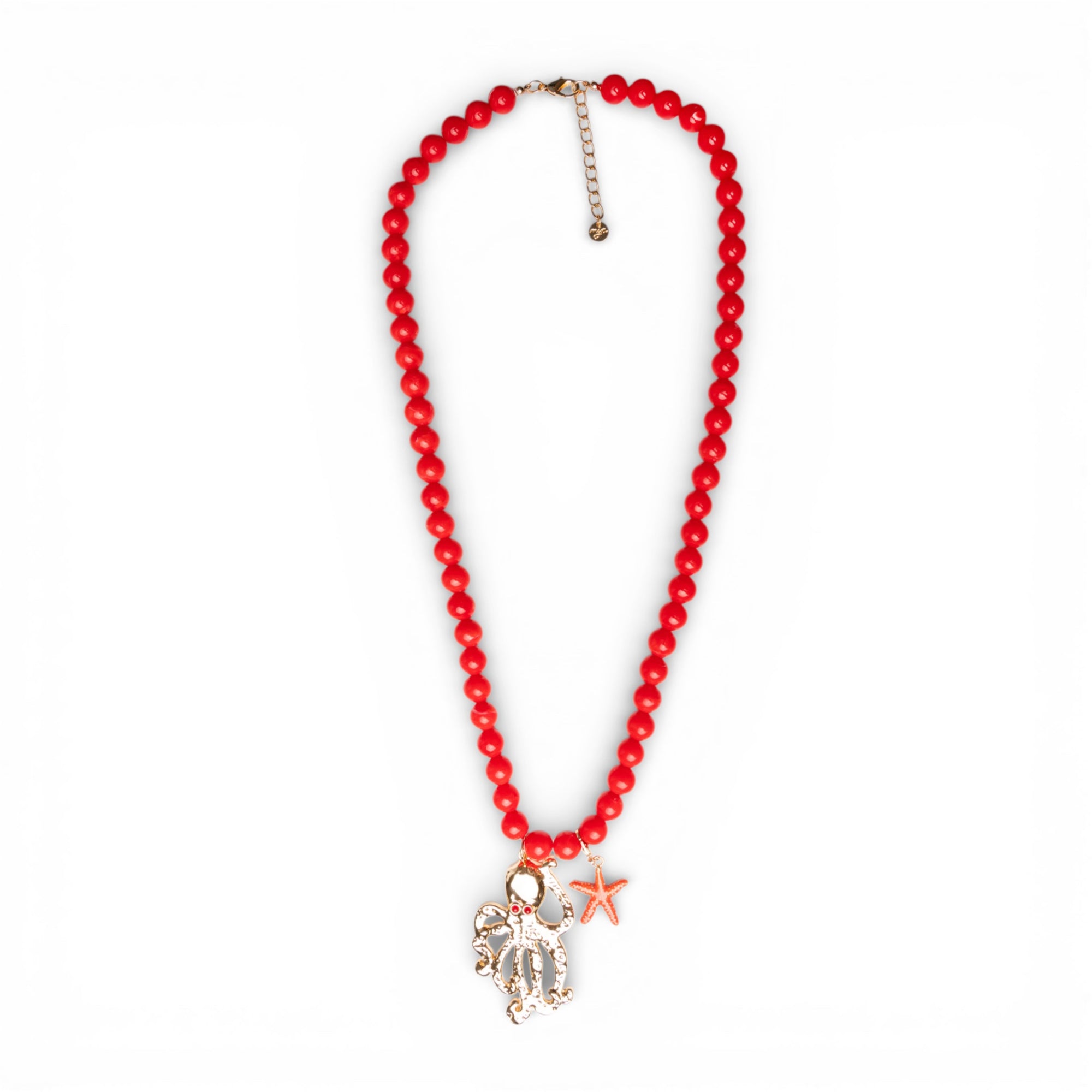 Collana lunga con sfere rosse in acrilico e pendente polipetto in metallo - Mya Accessories