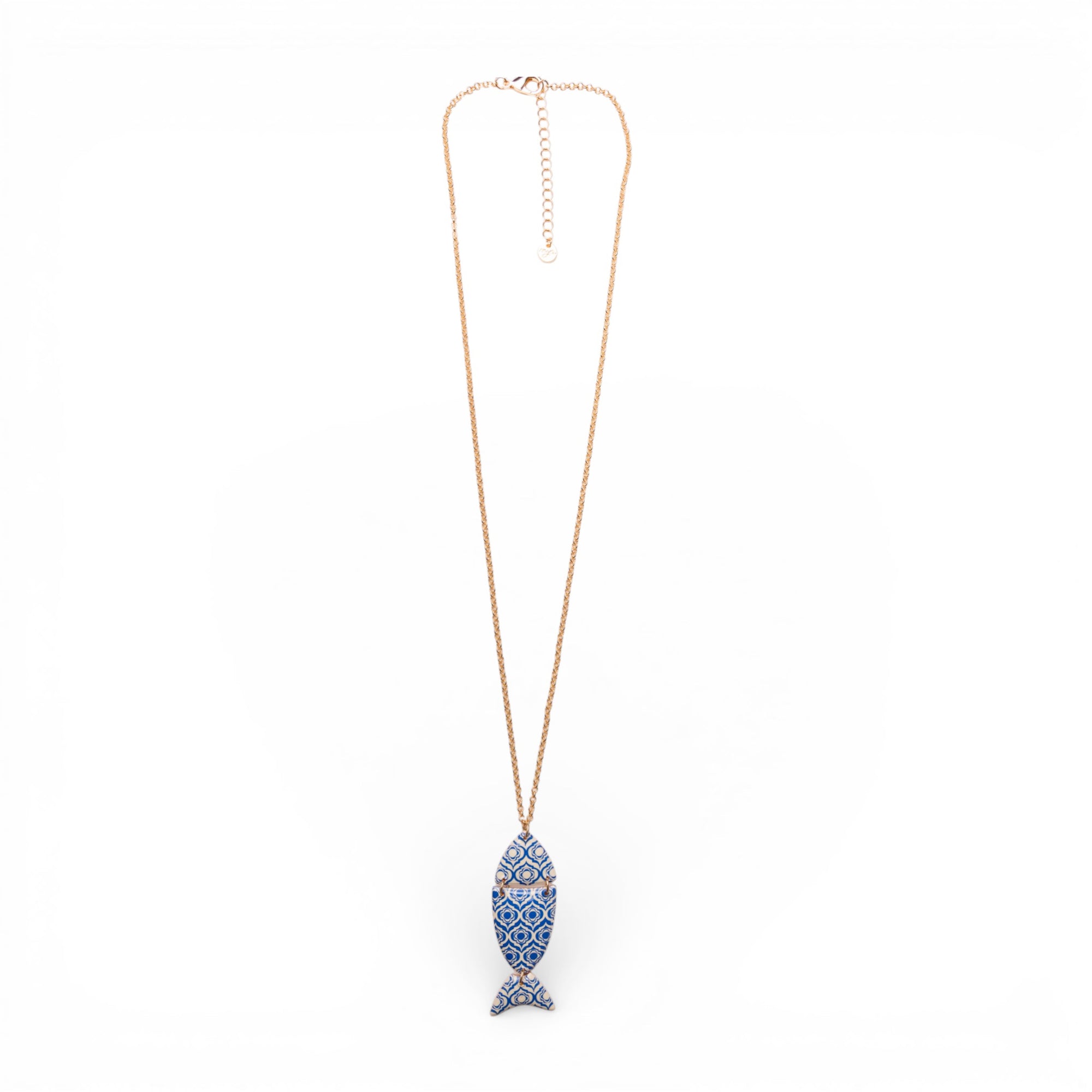 Collana lunga a catena sottile con pendente a pesciolino con texture tono blu - Mya Accessories