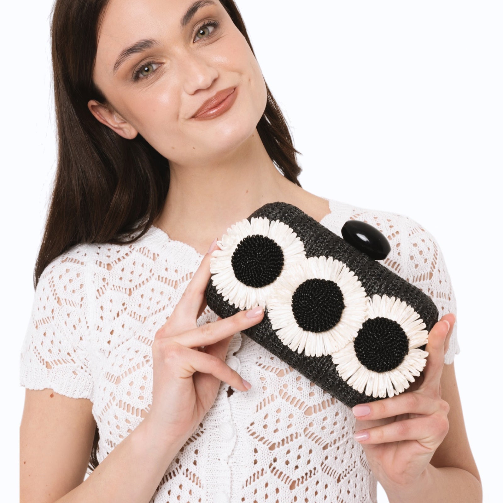 Borsa clutch nera con tre fiori a rilievo - Mya Accessories
