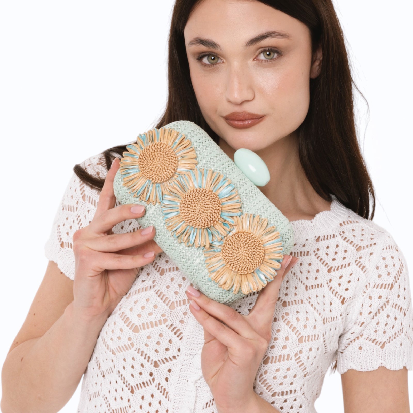 Borsa clutch verde acqua con tre fiori a rilievo - Mya Accessories