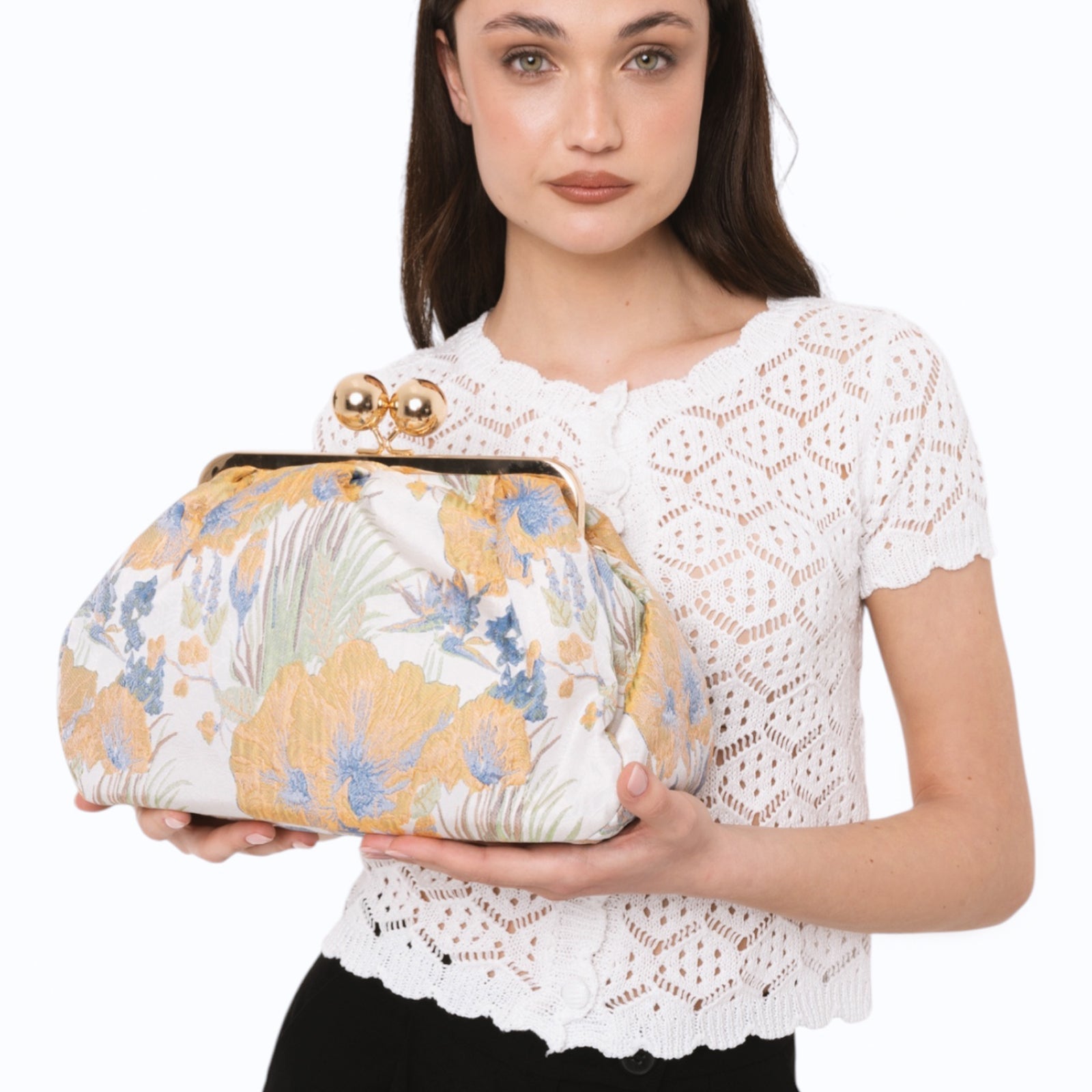 Borsa clutch morbida con motivo floreale arancio e celeste - Mya Accessories