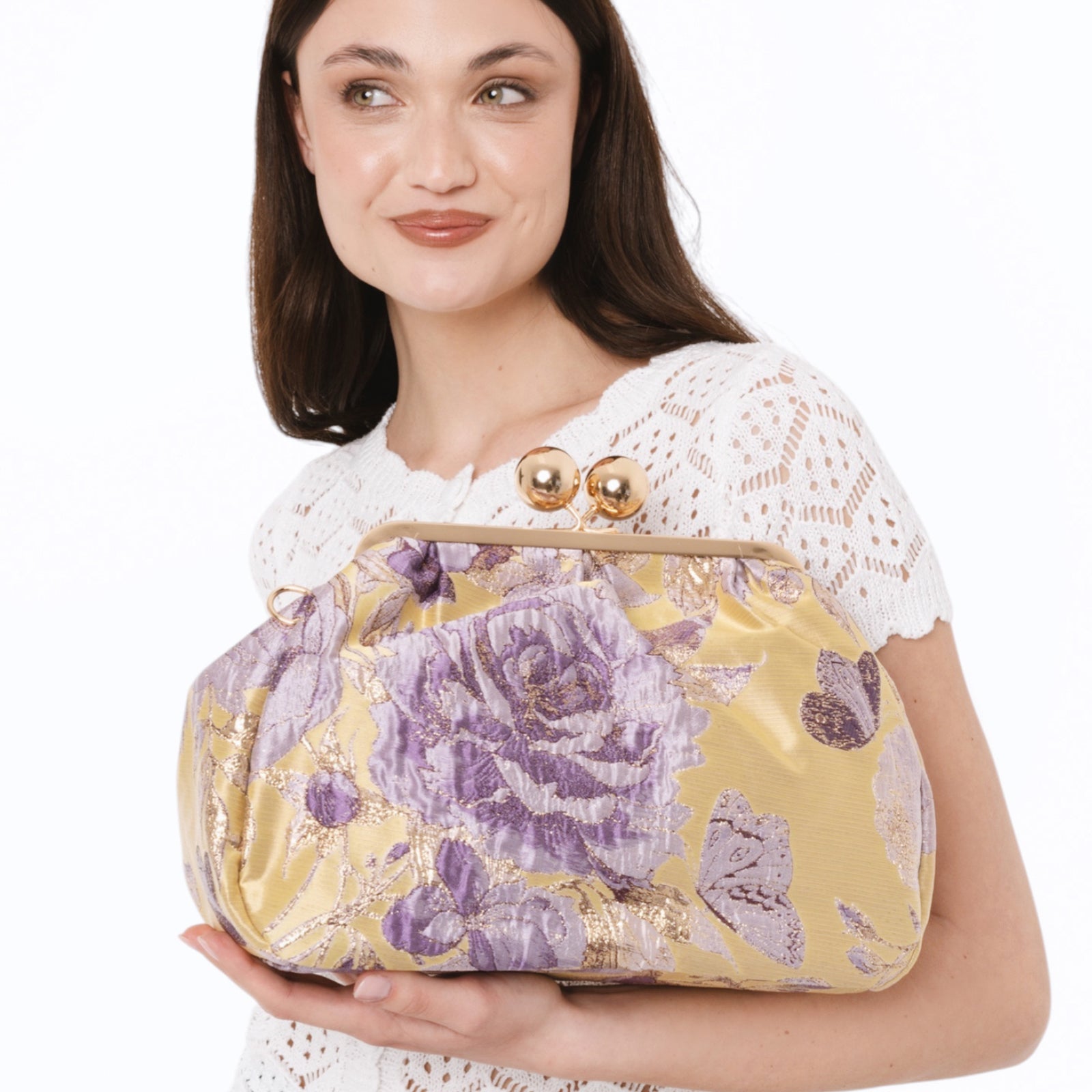 Borsa clutch morbida con motivo floreale viola ed oro - Mya Accessories