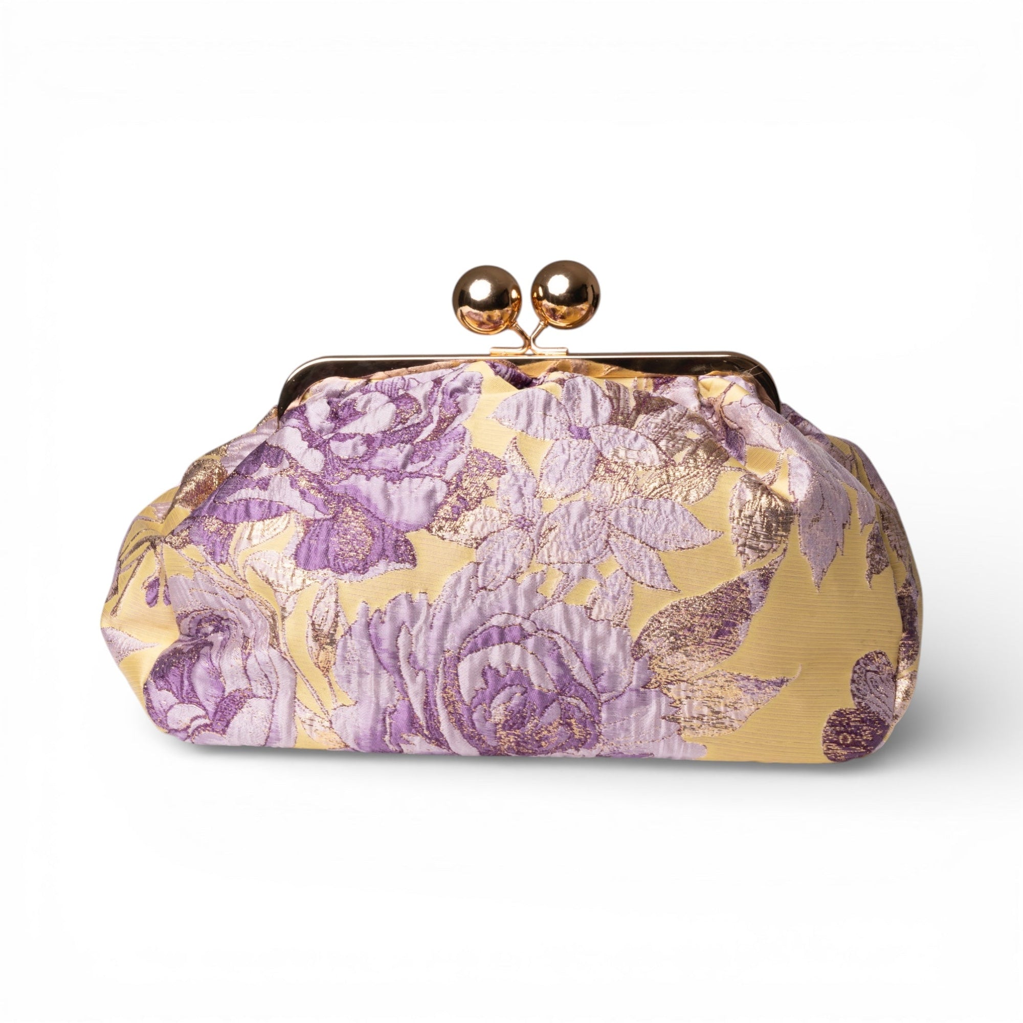 Borsa clutch morbida con motivo floreale viola ed oro - Mya Accessories