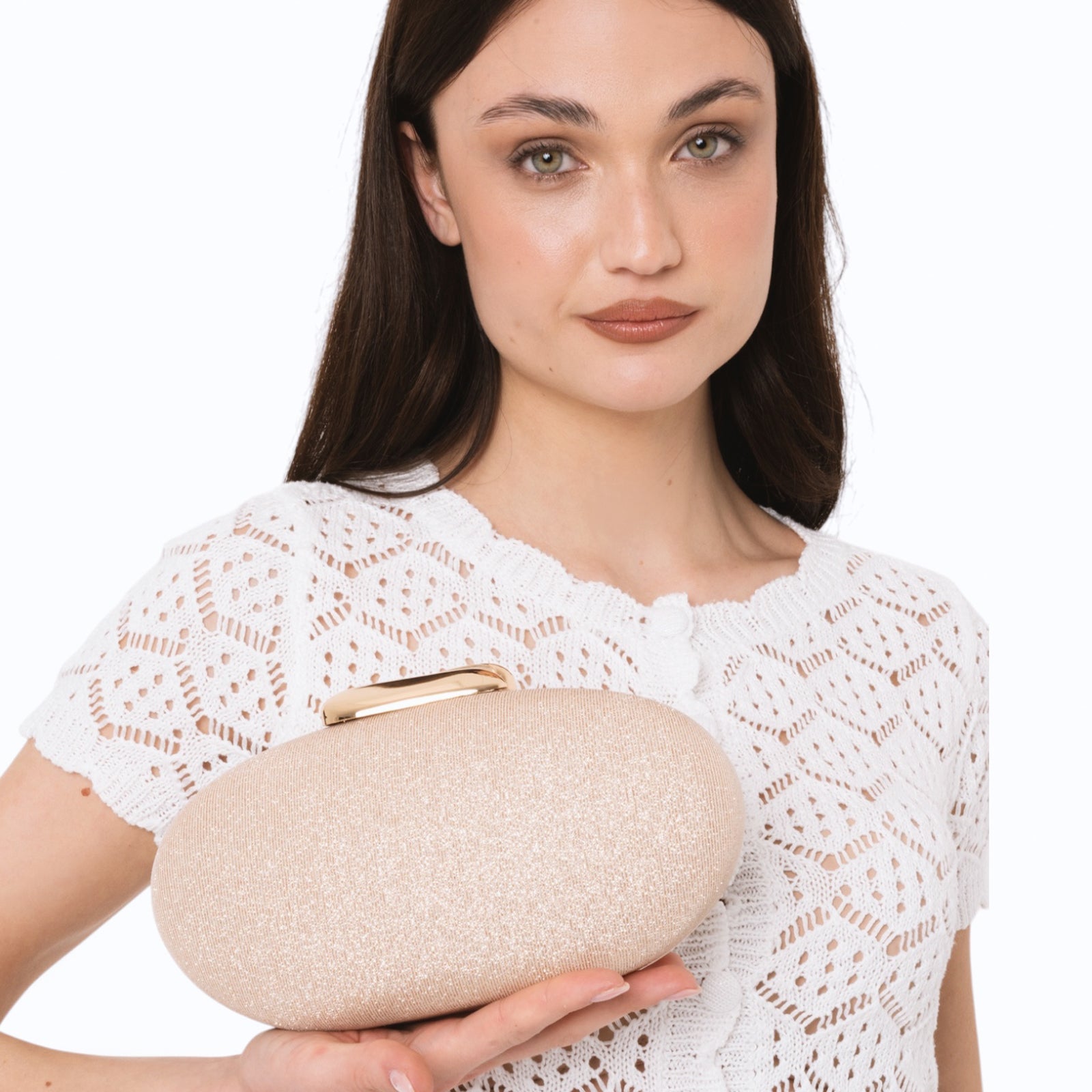 Borsa clutch ovale con finitura glitter oro - Mya Accessories