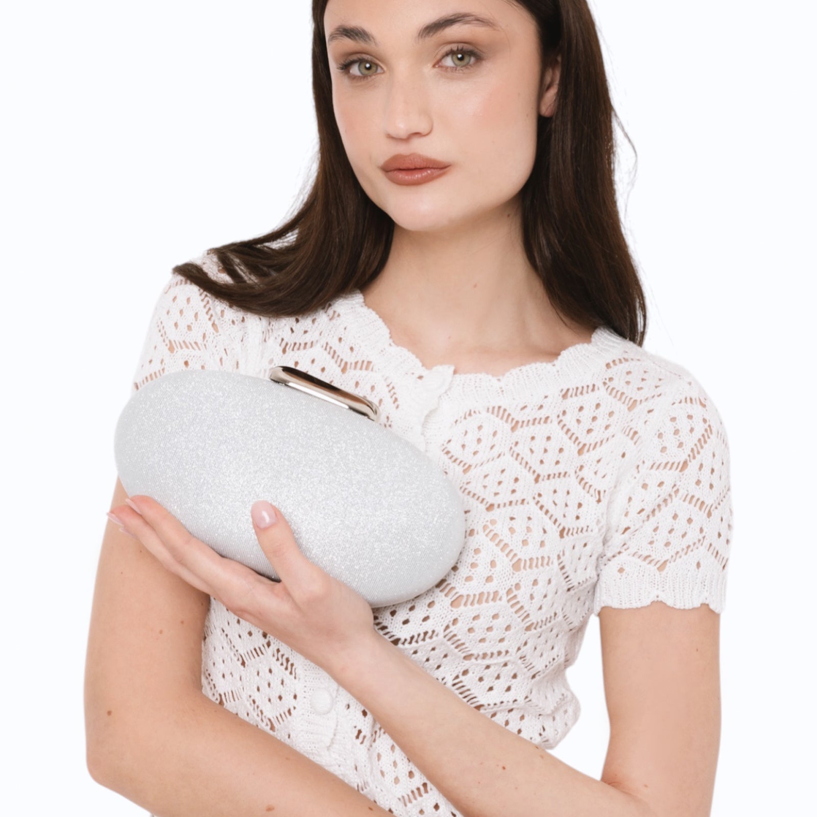 Borsa clutch ovale con finitura glitter argento - Mya Accessories
