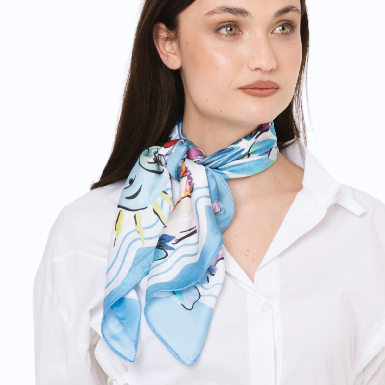 Foulard in seta con motivo estivo tono azzurro - Mya Accessories