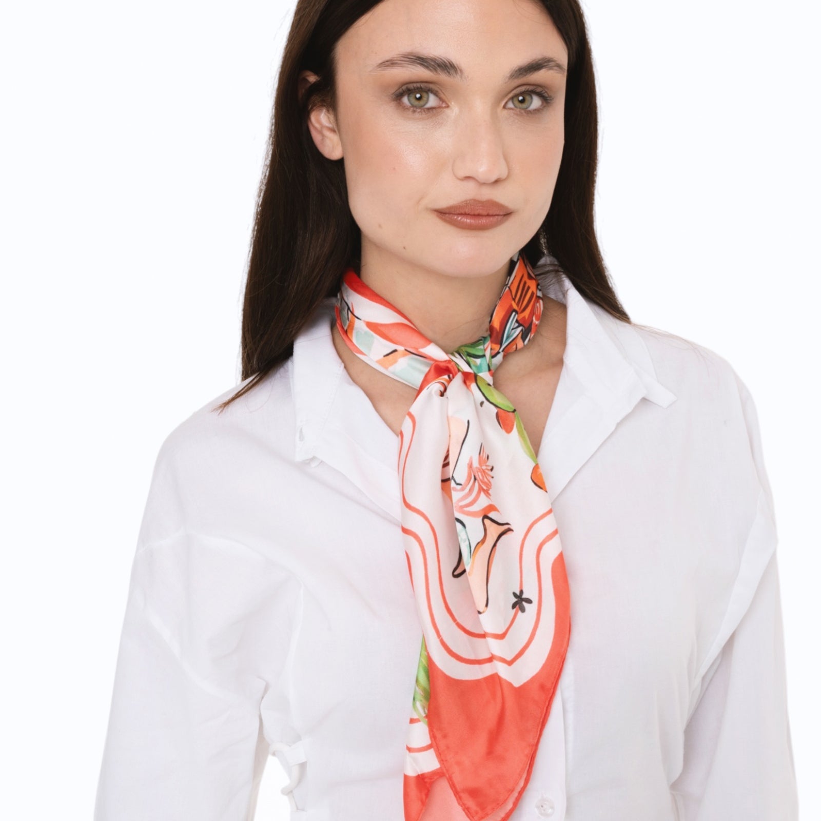 Foulard in seta con motivo estivo tono rosso arancio - Mya Accessories
