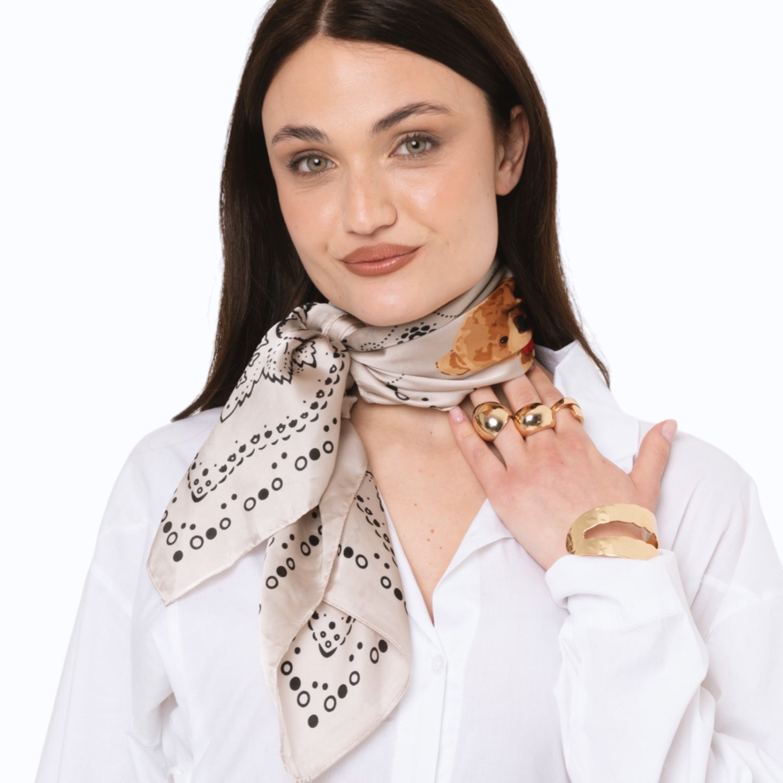 Foulard in seta tortora con stampa ad orsacchiotto - Mya Accessories