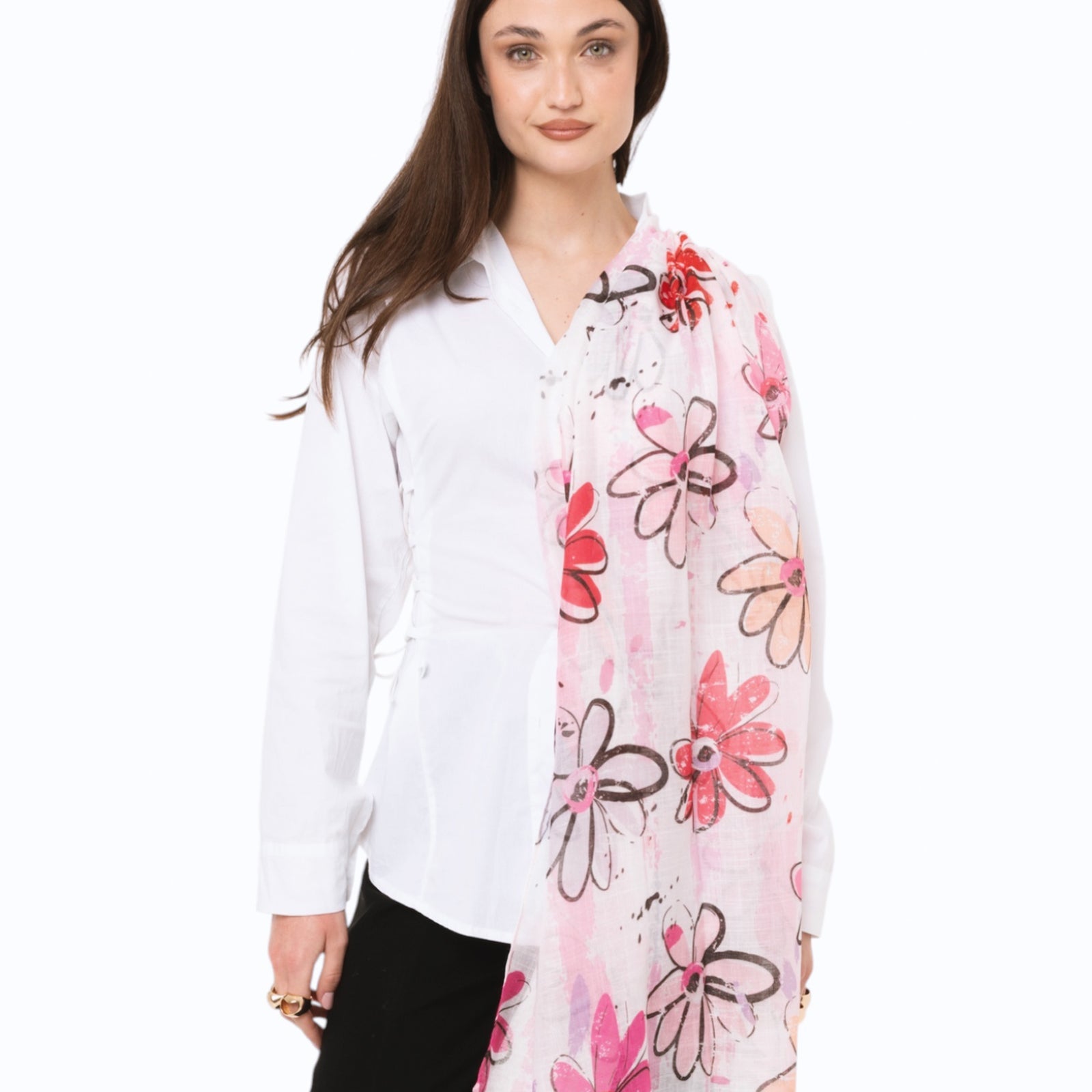 Sciarpa in cotone bianca con stampa a fiori tono rosa - Mya Accessories
