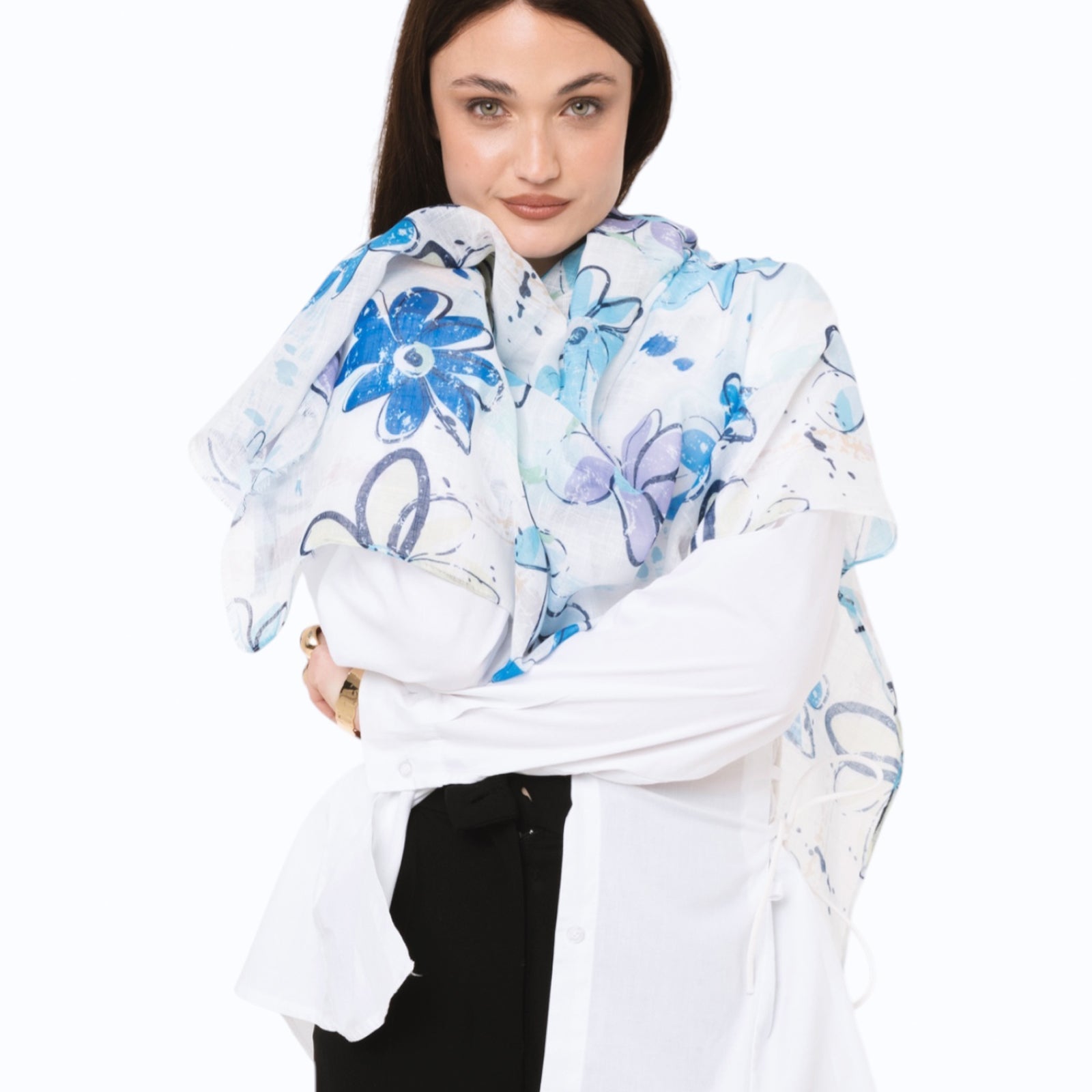 Sciarpa in cotone bianca con stampa a fiori tono blu - Mya Accessories