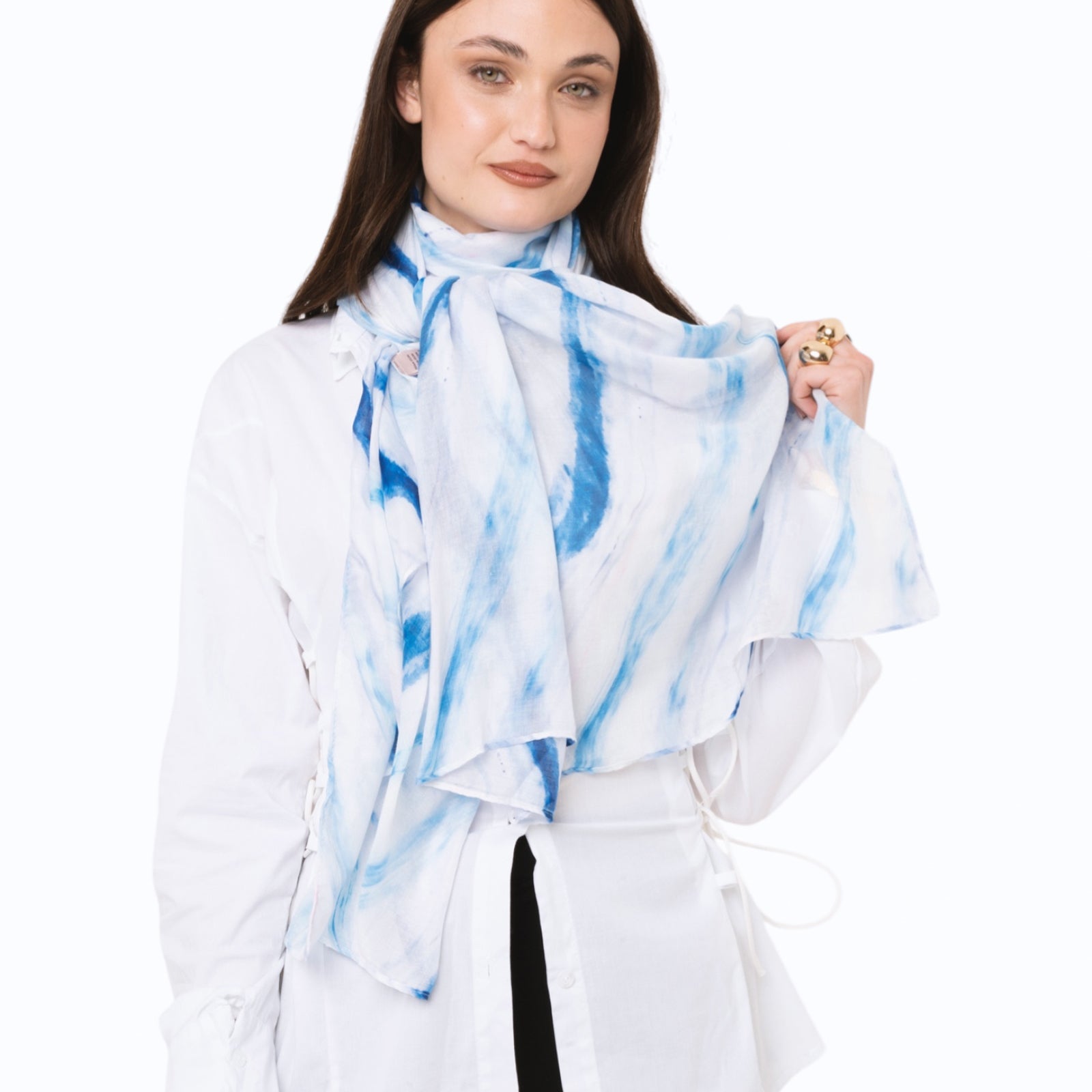 Sciarpa in cotone bianca con stampa tono blu - Mya Accessories