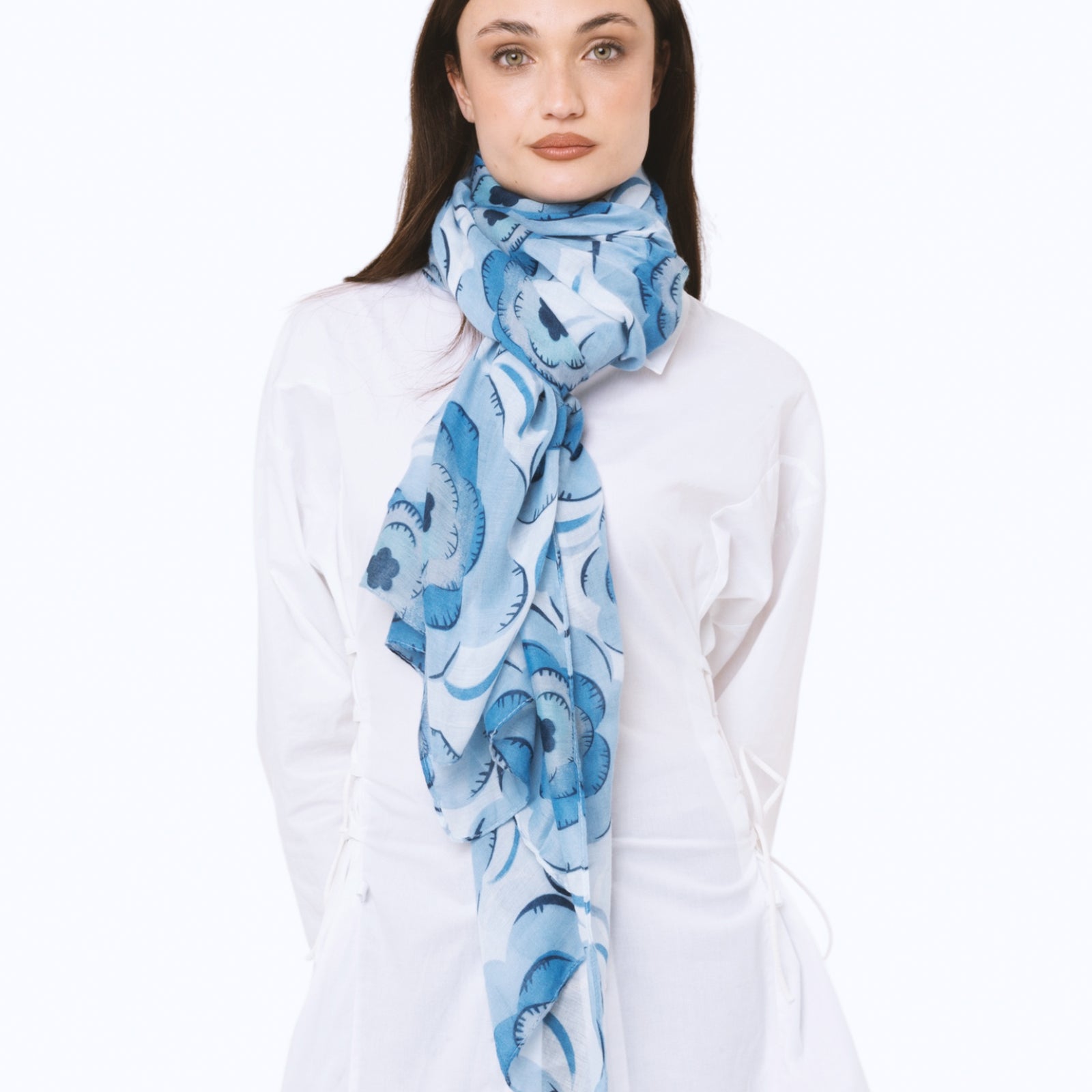 Sciarpa in cotone con motivo a fiori tono blu - Mya Accessories