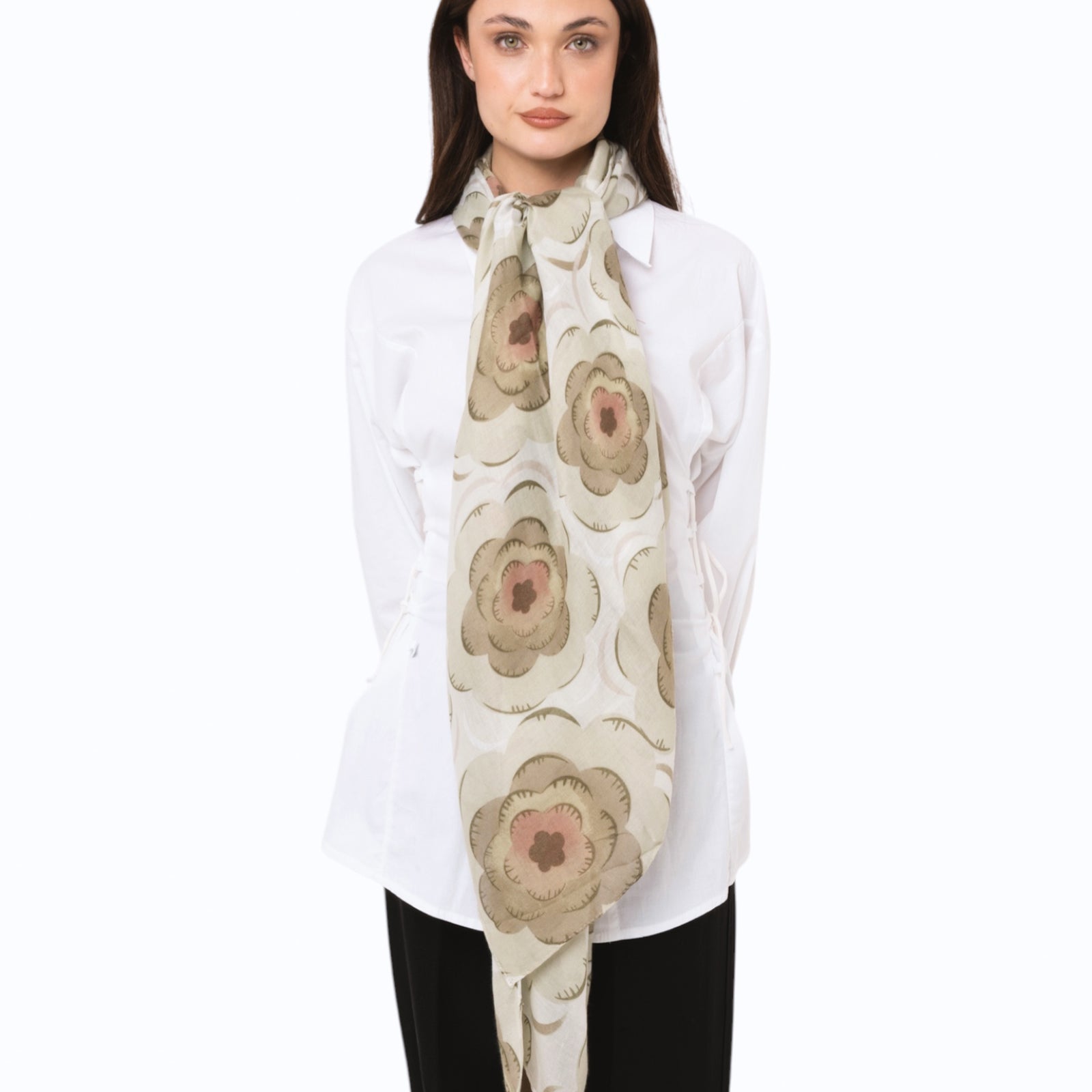Sciarpa in cotone con motivo a fiori tono verde militare - Mya Accessories