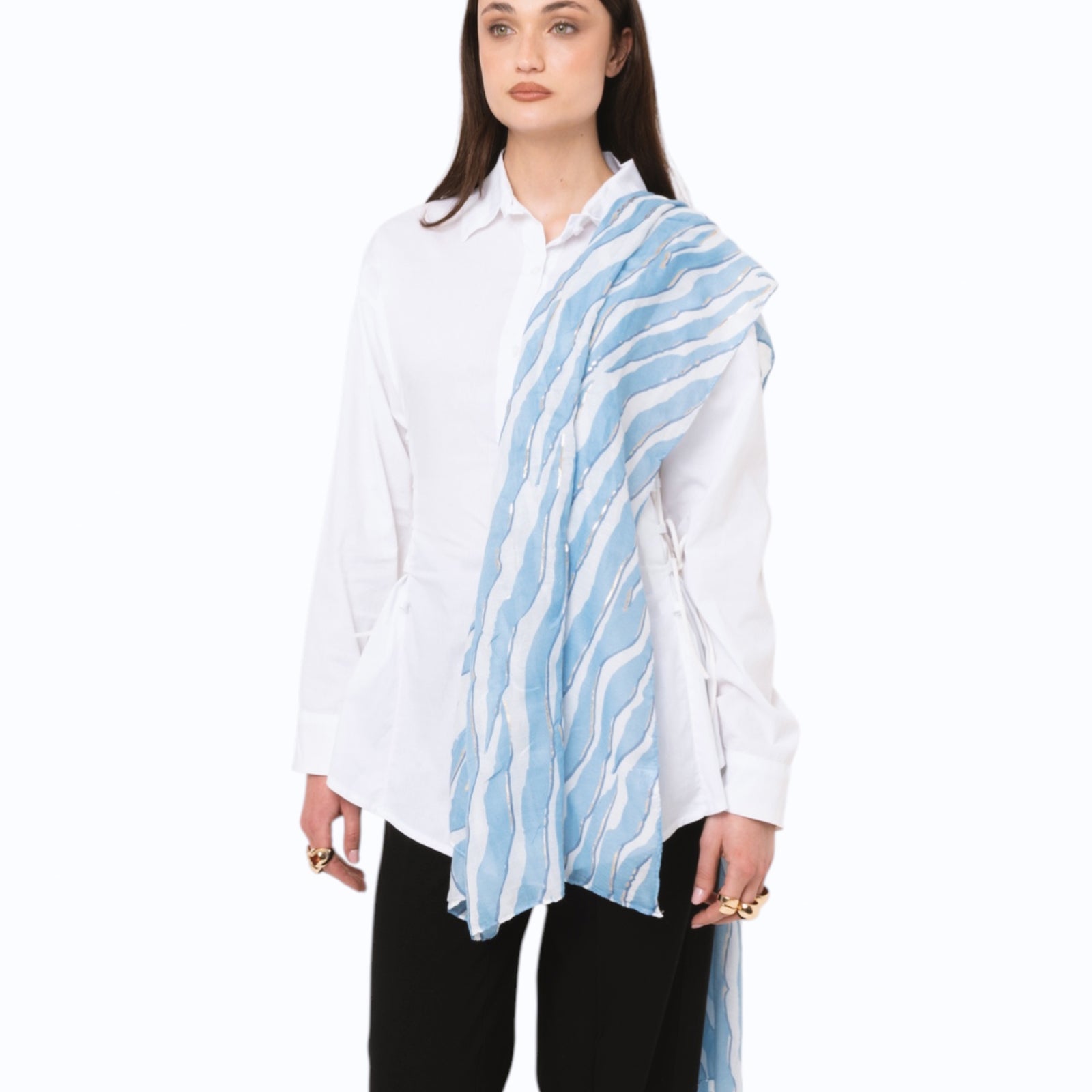 Sciarpa in cotone bianca con stampa animalier azzurra - Mya Accessories