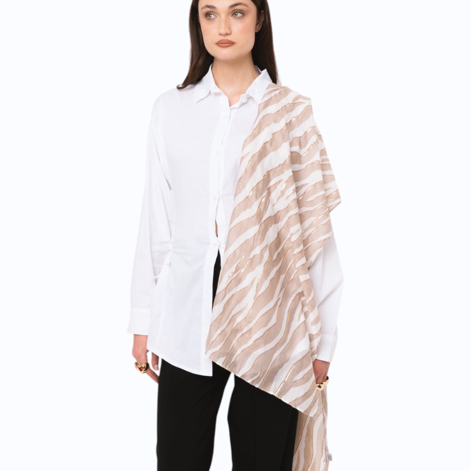 Sciarpa in cotone bianca con stampa animalier tortora - Mya Accessories