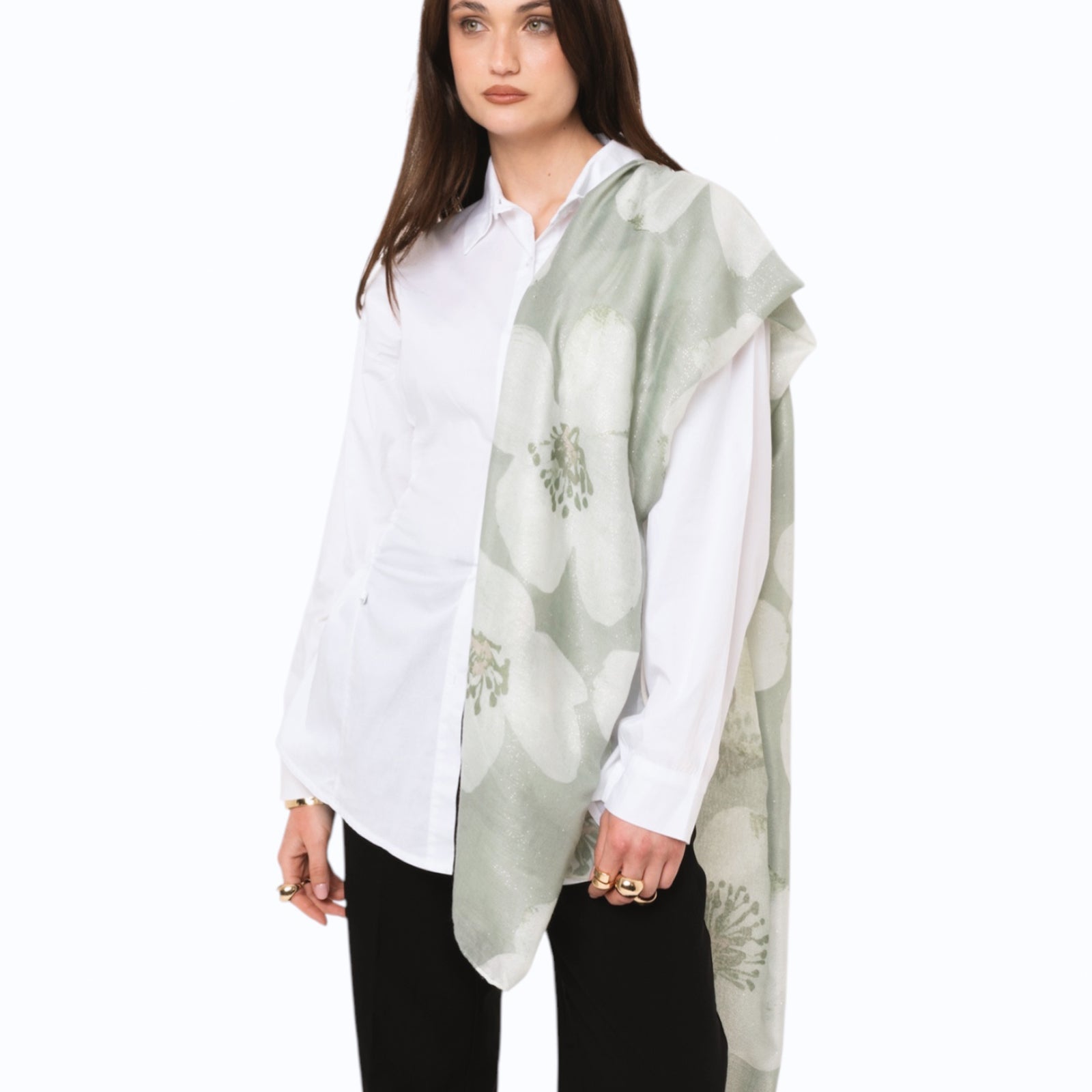 Sciarpa in cotone con stampa a fiore tono verde - Mya Accessories