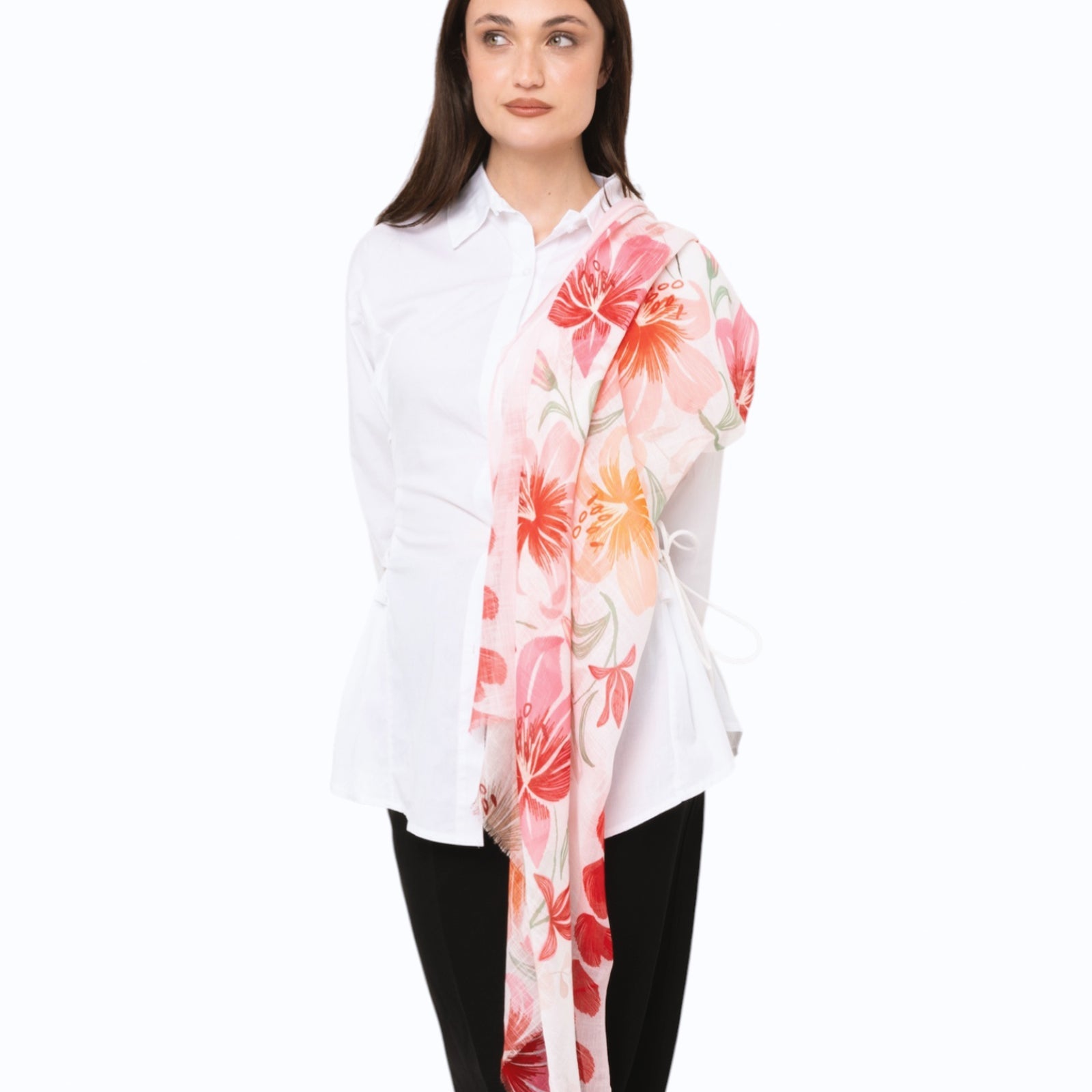 Sciarpa in cotone bianca con stampa floreale tono rosso - Mya Accessories