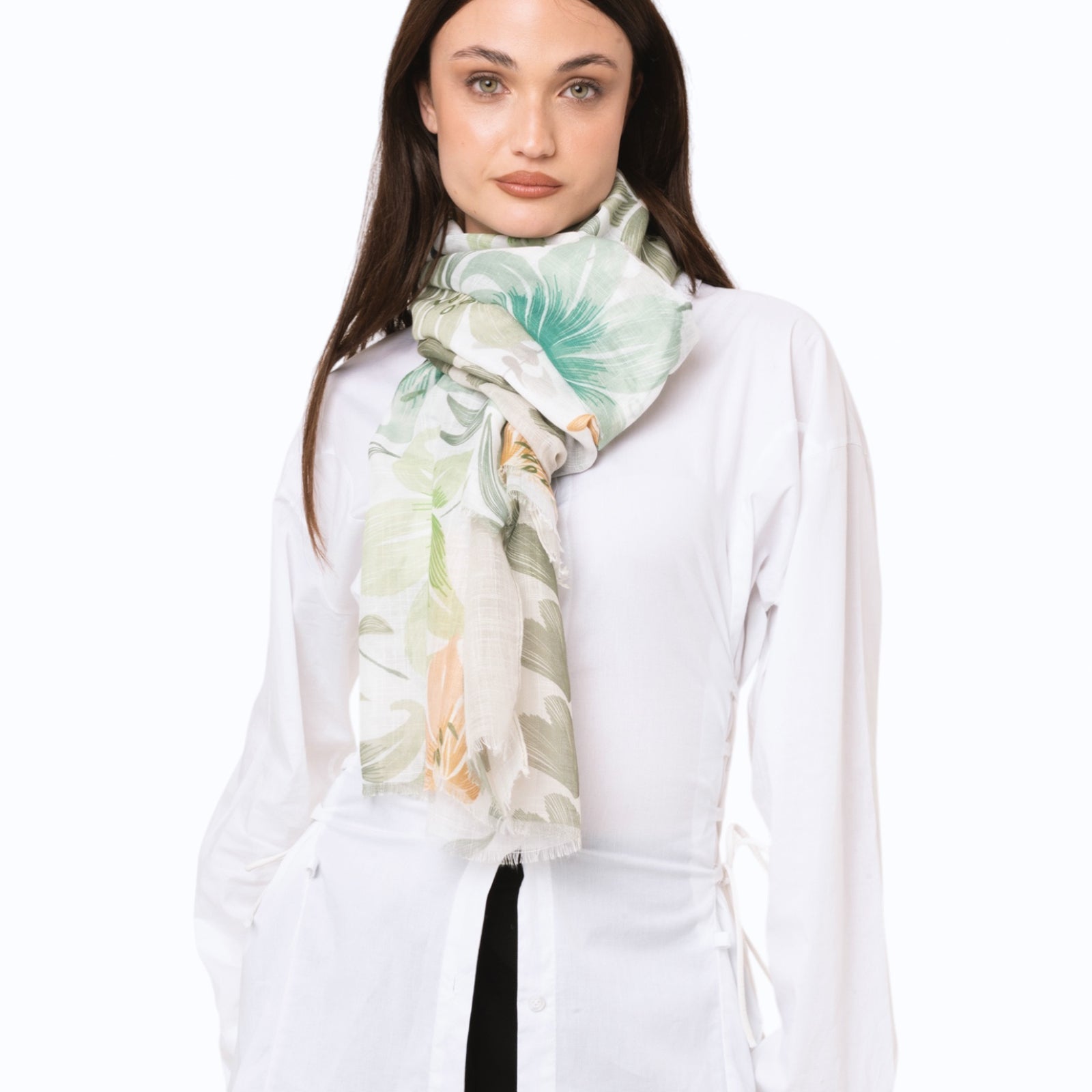 Sciarpa in cotone bianca con stampa floreale tono verde - Mya Accessories