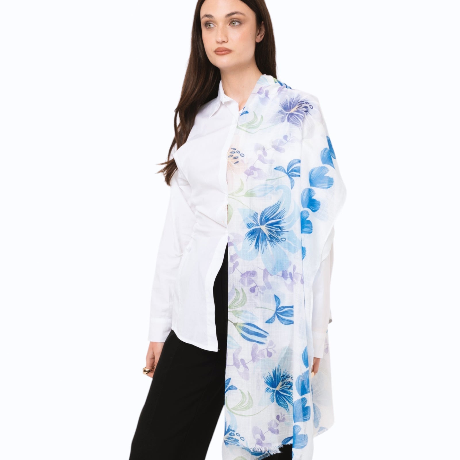 Sciarpa in cotone bianca con stampa floreale tono blu - Mya Accessories