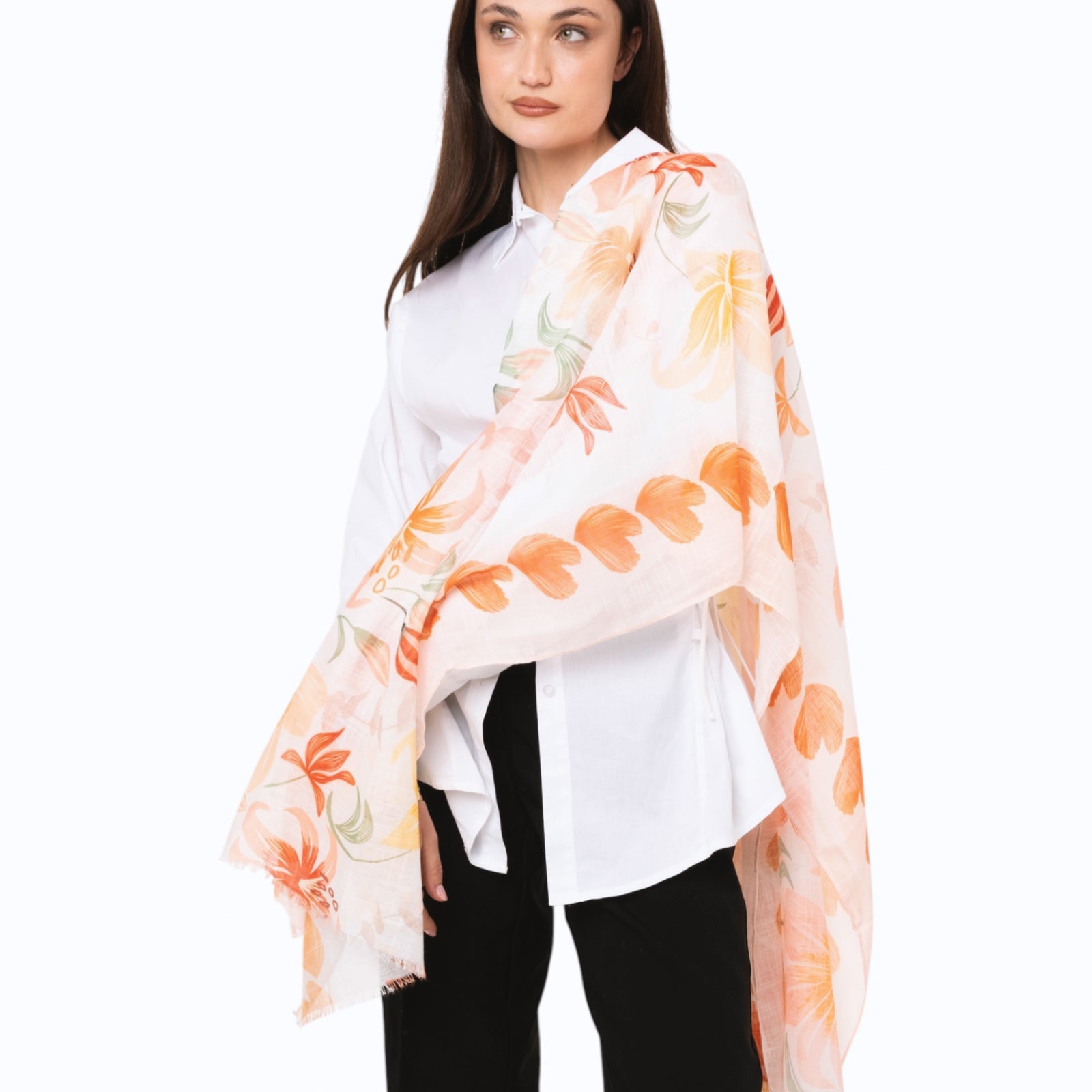 Sciarpa in cotone bianca con stampa floreale tono arancio - Mya Accessories