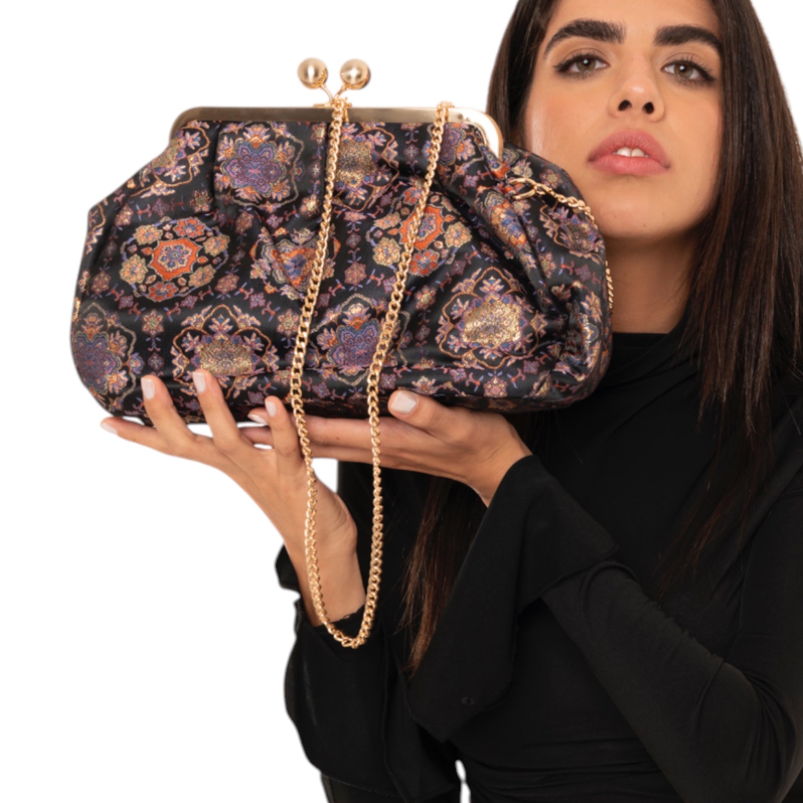 Borsa a caramella in tessuto con stampa tono viola - Mya Accessories