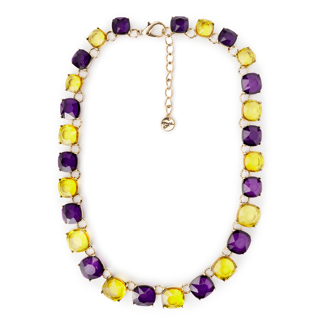 Girocollo in metallo colore bronzo, con pietre in resina trasparenti viola e giallo - Mya Accessories