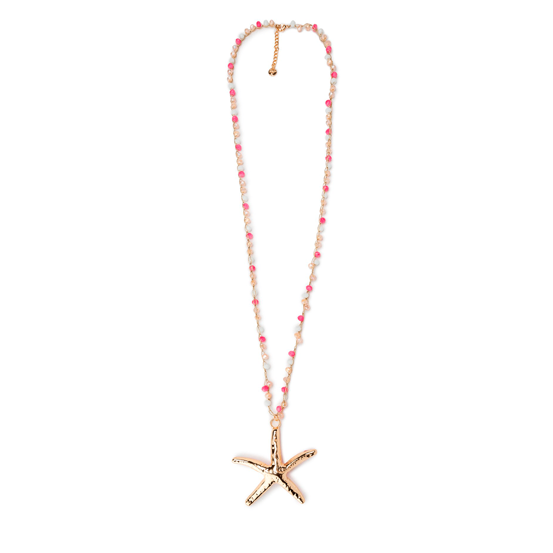 Collana lunga con pietre in vetro rosa e bianco con pendente a stella marina - Mya Accessories