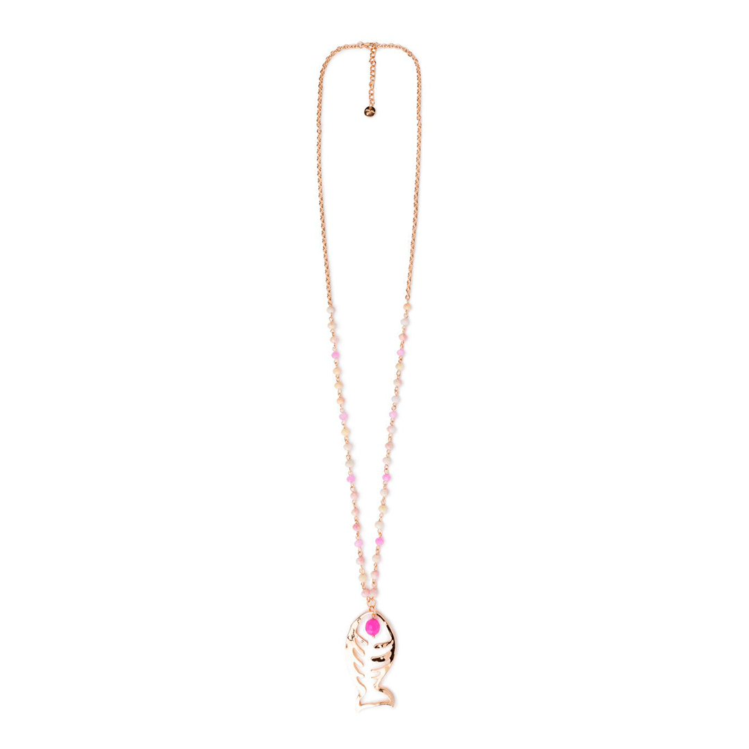 Collana lunga a catena con microcristalli tono rosa pendente a pesce - Mya Accessories