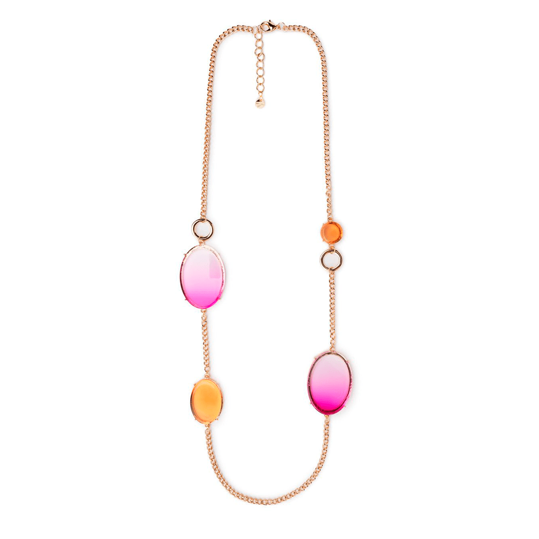 Collana lunga in metallo con inserti circolari in acrilico trasparente fucsia ed arancio - Mya Accessories