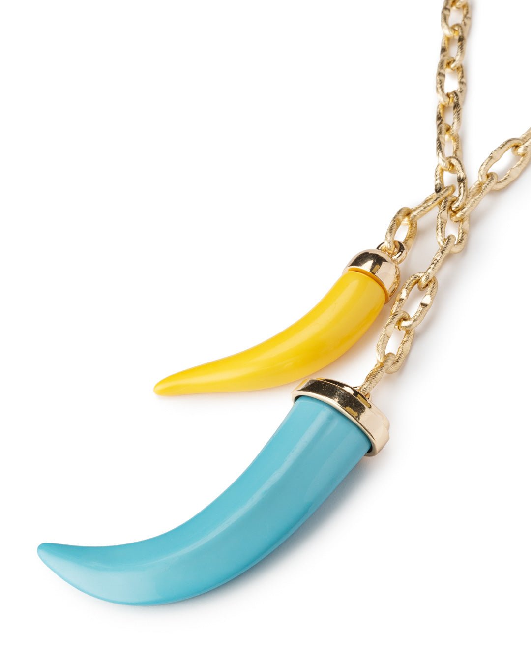 Collana a catena in alluminio con pendente in acrilico doppio corno giallo e turchese - Mya Accessories