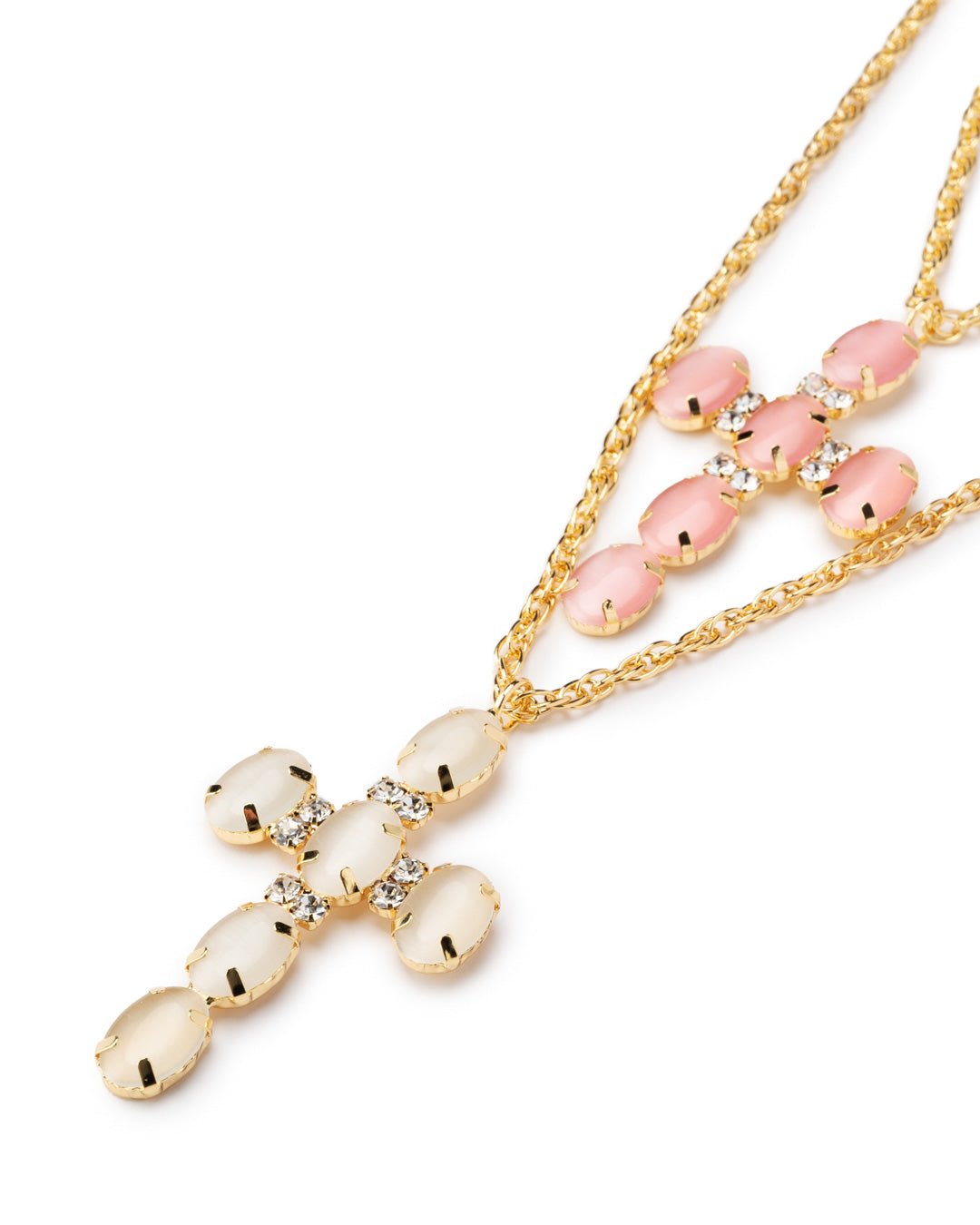 Collana con tripla catena in ferro con doppia croce in vetro rosa e bianca - Mya Accessories
