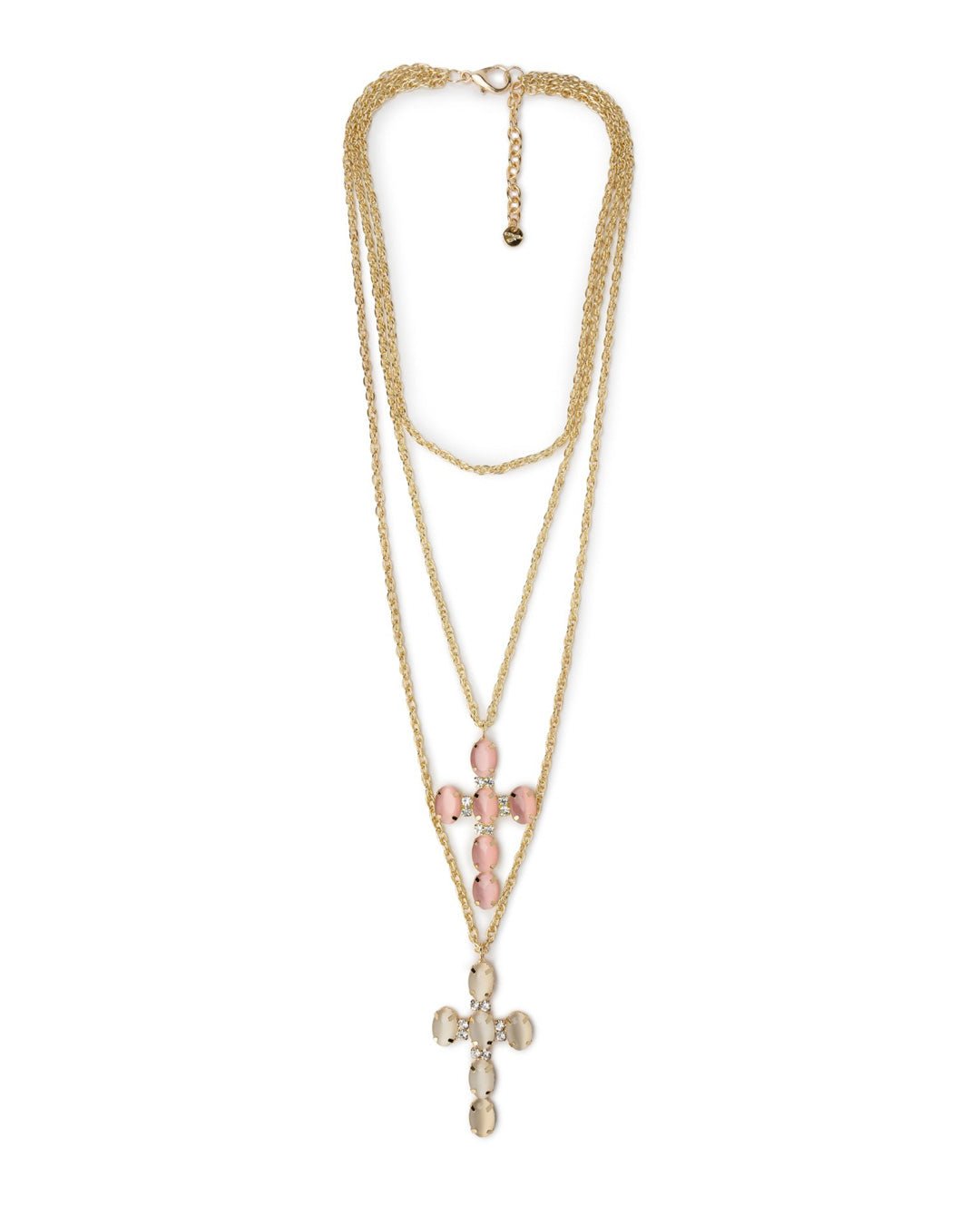 Collana con tripla catena in ferro con doppia croce in vetro rosa e bianca - Mya Accessories