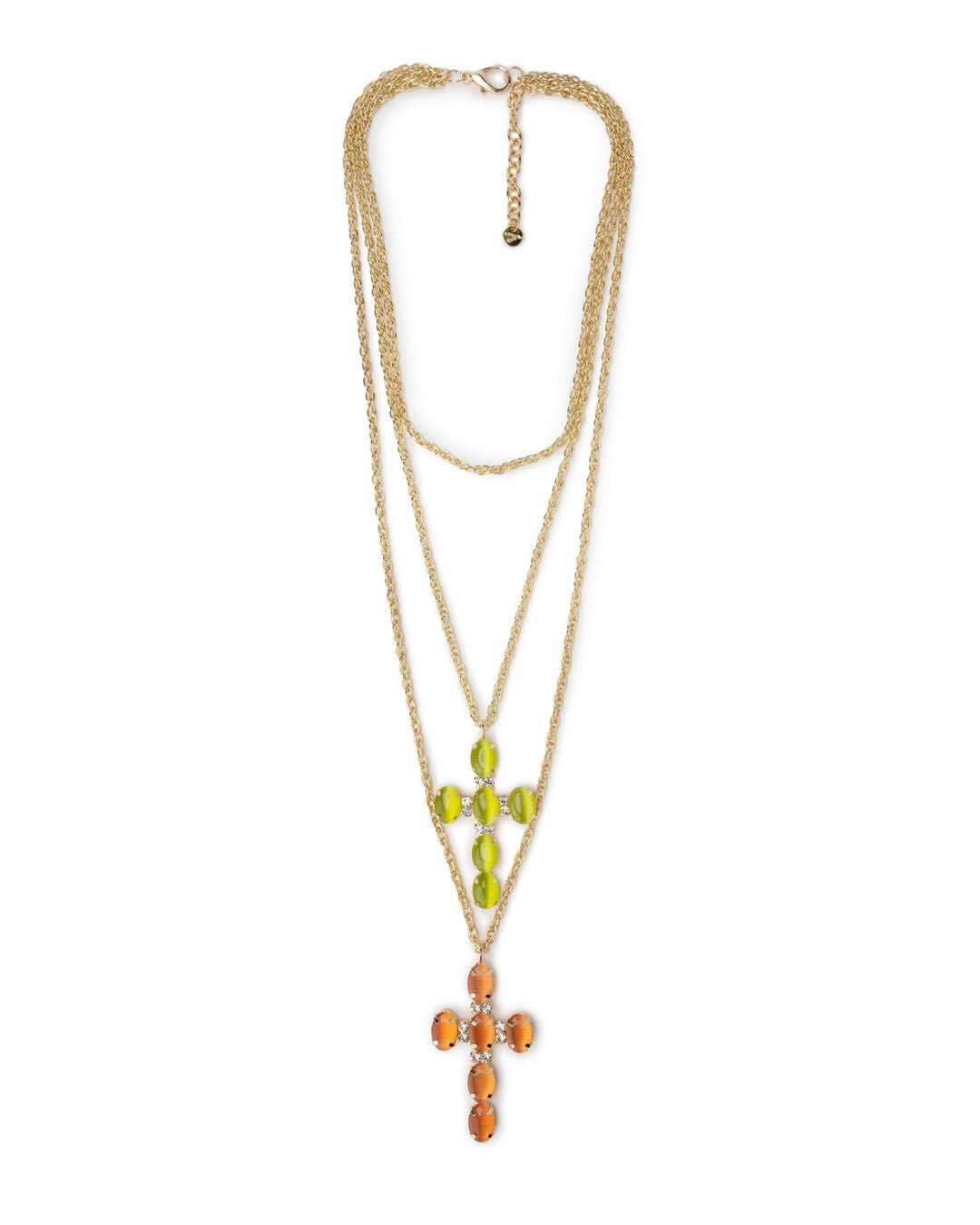Collana con tripla catena in ferro con doppia croce in vetro verde lime ed arancio - Mya Accessories