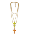 Collana con tripla catena in ferro con doppia croce in vetro verde lime ed arancio - Mya Accessories