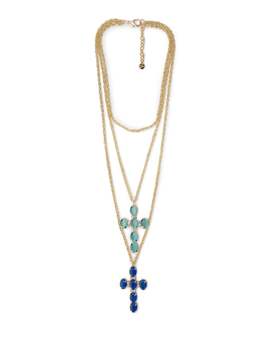 Collana con tripla catena in ferro con doppia croce in vetro celeste e blu - Mya Accessories