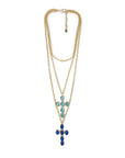 Collana con tripla catena in ferro con doppia croce in vetro celeste e blu - Mya Accessories