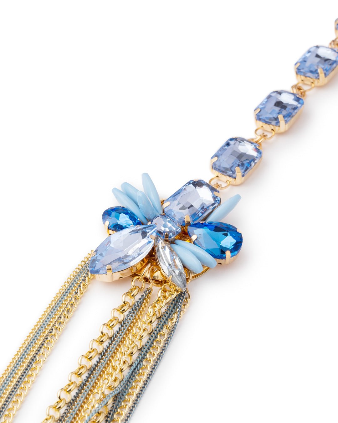 Collana a catena multi filo con pietre e fiore in vetro ed acrilico tono blu - Mya Accessories