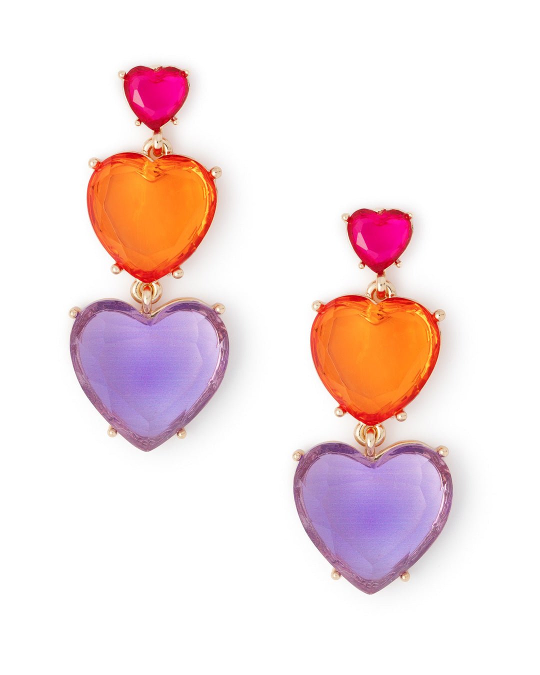 Orecchini in metallo pendenti con tre cuori in resina trasparente rosa, arancio e viola - Mya Accessories