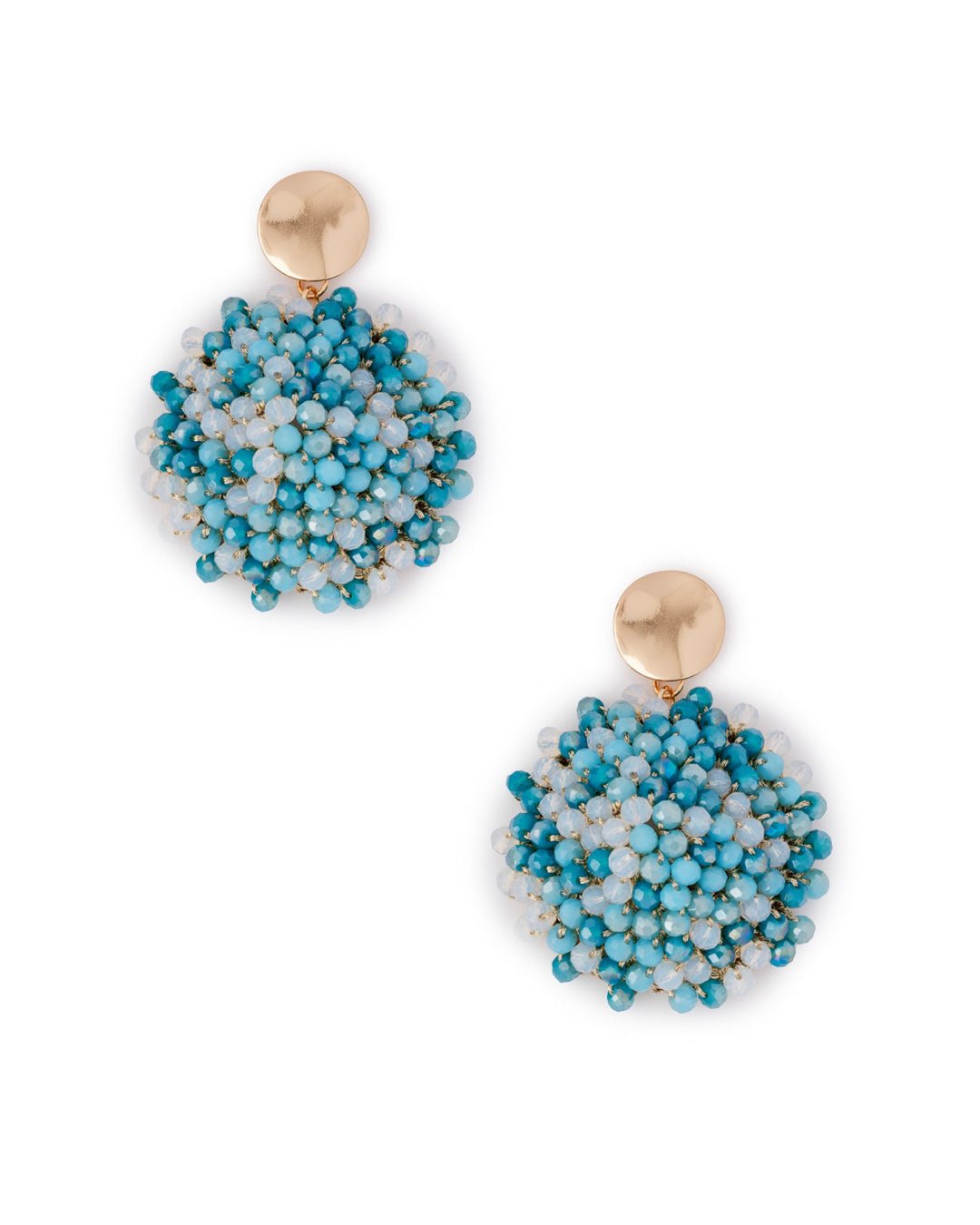Orecchini in ottone pendenti, base circolare con microcristalli tono blu - Mya Accessories