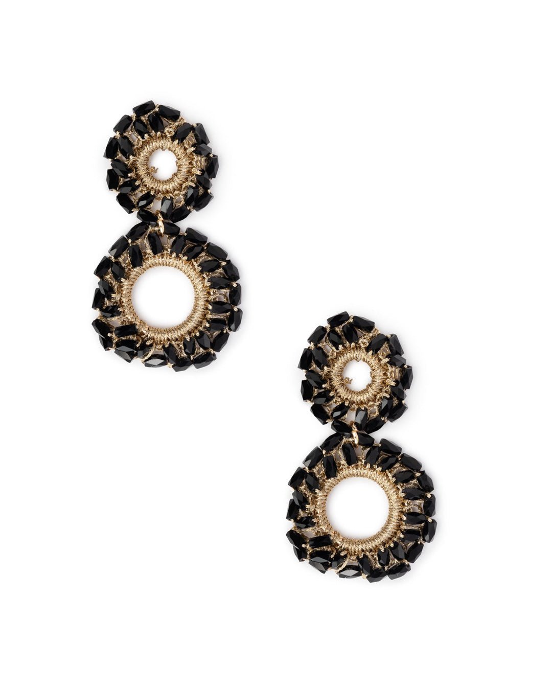 Orecchini in ottone con doppio cerchio pendenti in tessuto con microcristalli neri - Mya Accessories