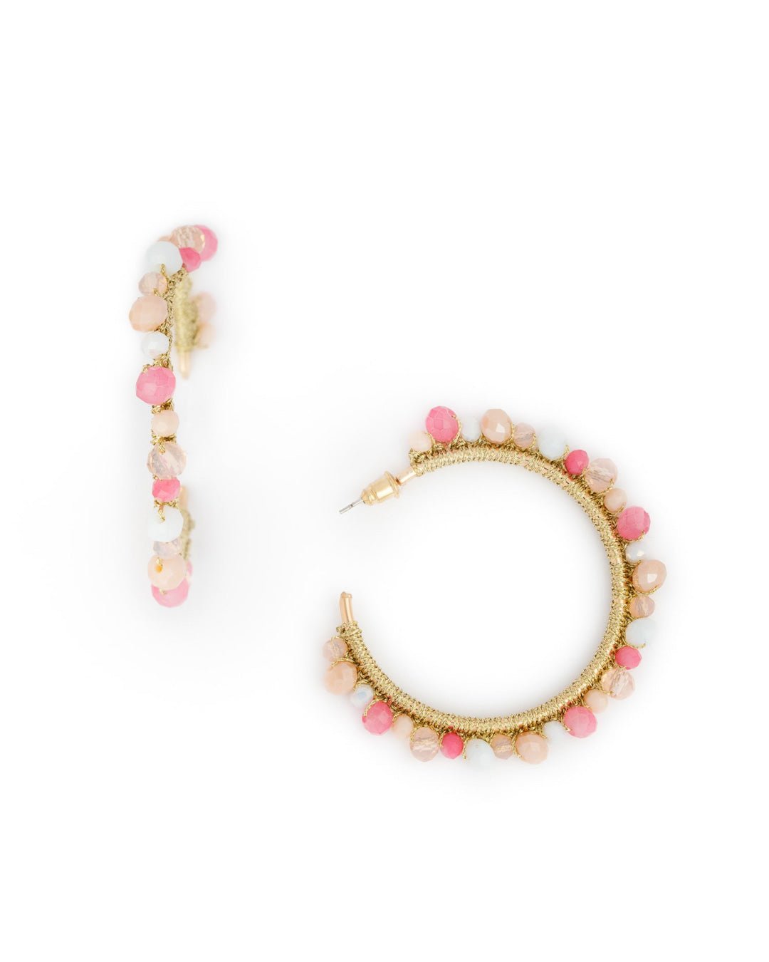 Orecchini in ottone a semicerchio in tessuto con microcristalli multi rosa - Mya Accessories