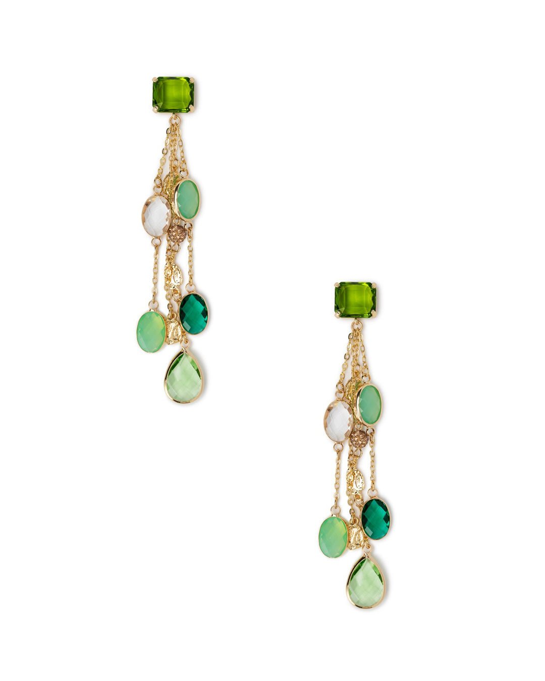 Orecchini lunghi pendenti con fili in metallo e pietre in vetro multi verde - Mya Accessories