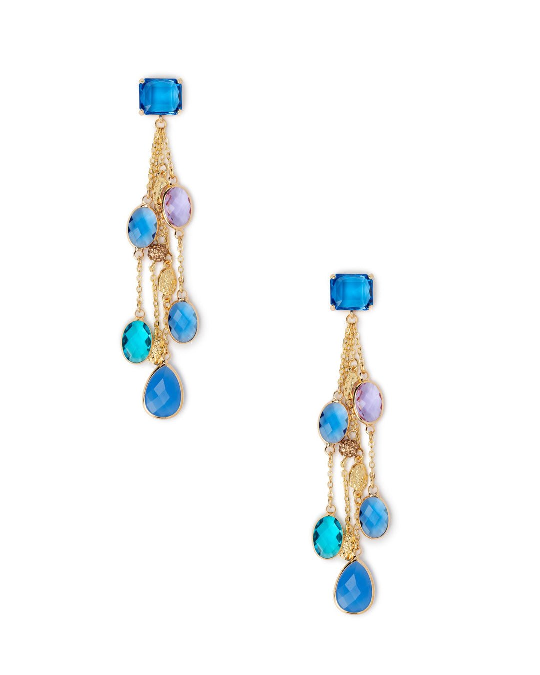 Orecchini lunghi pendenti con fili in metallo e pietre in vetro multi blu - Mya Accessories