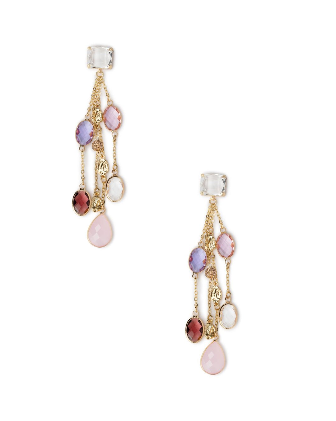 Orecchini lunghi pendenti con fili in metallo e pietre in vetro multi rosa - Mya Accessories