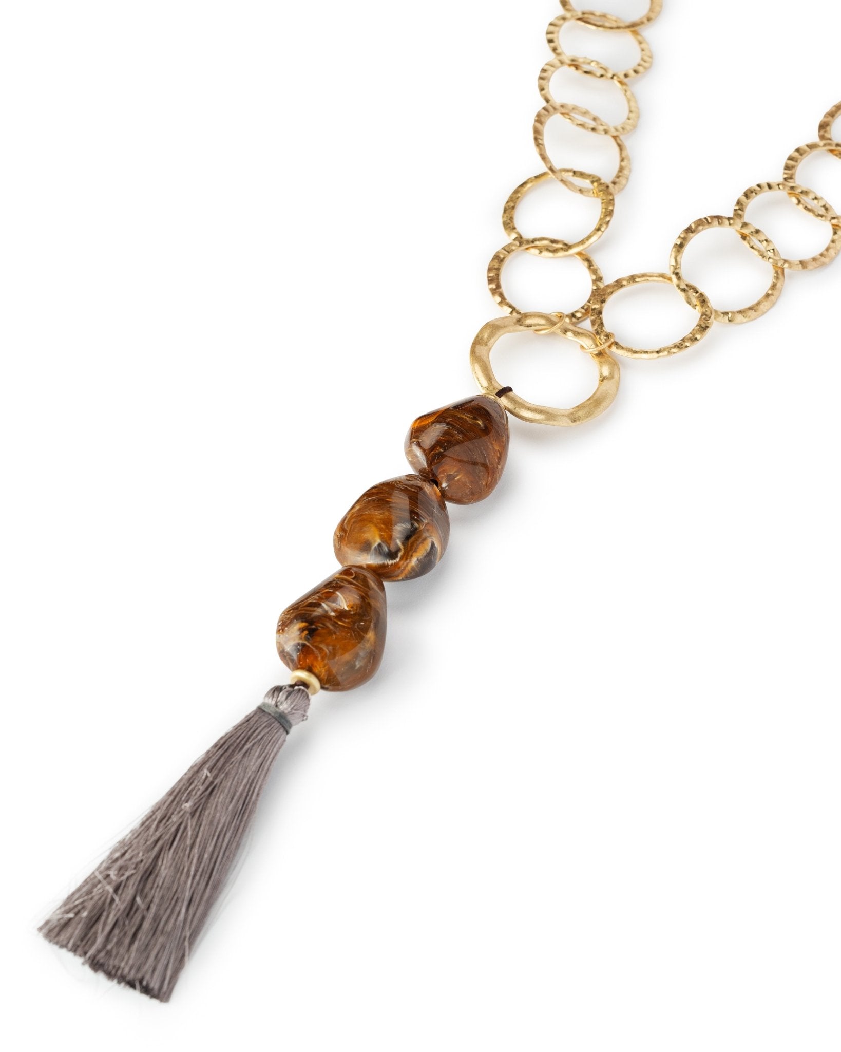 Collana con catena ad anelli con tre pietre in acrilico di colore marrone con ciuffo - Mya Accessories