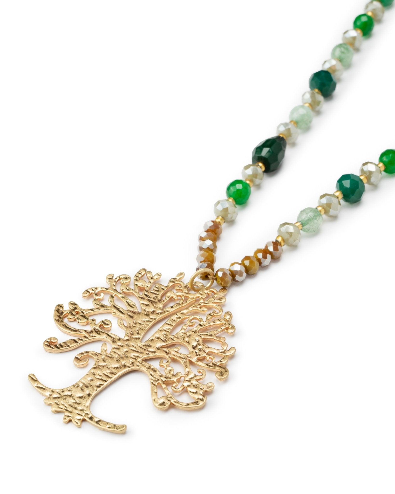 Collana lunga con microcristalli verdi, con pendente ad albero della vita - Mya Accessories