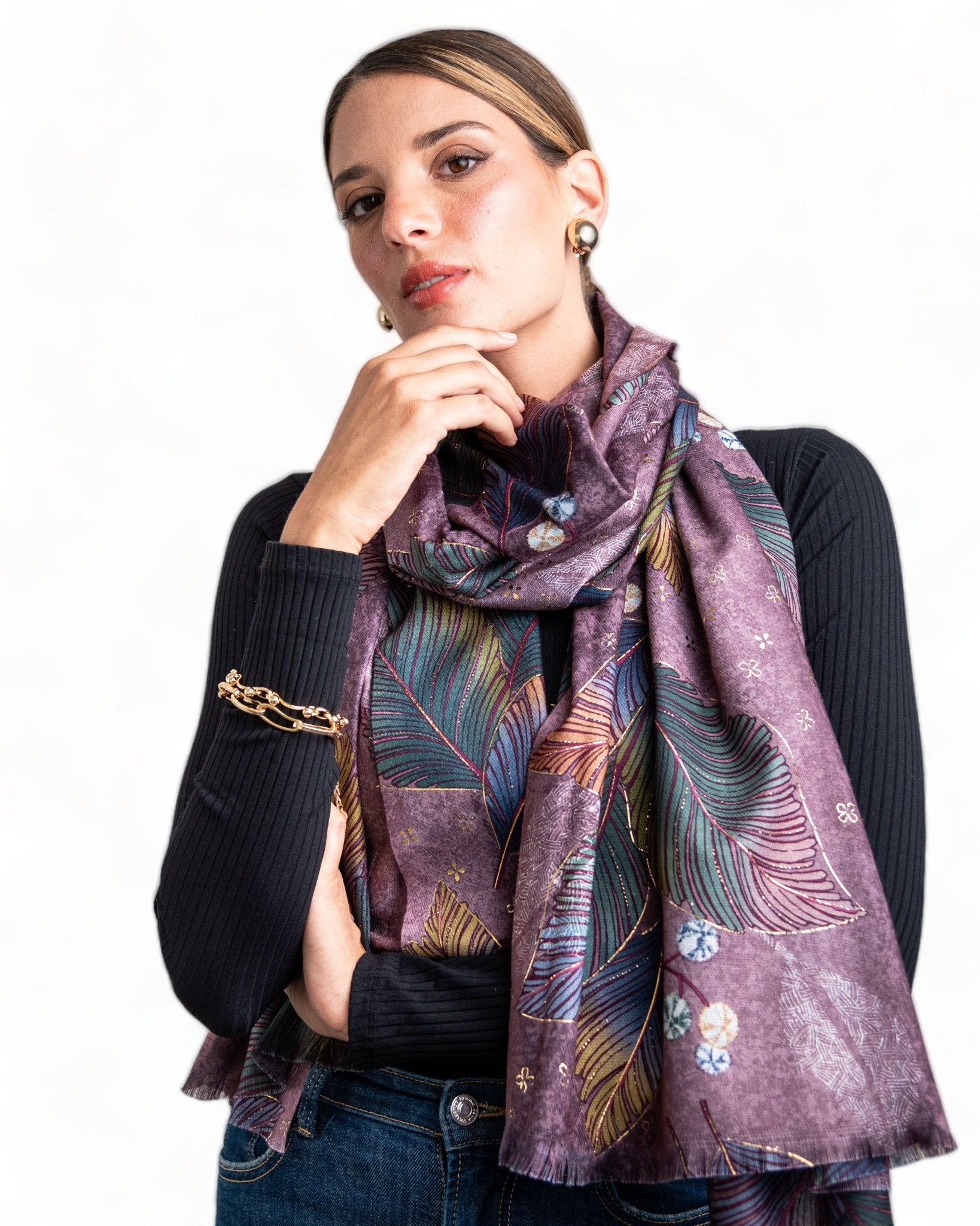 Sciarpa tono viola con foglie multicolore - Mya Accessories