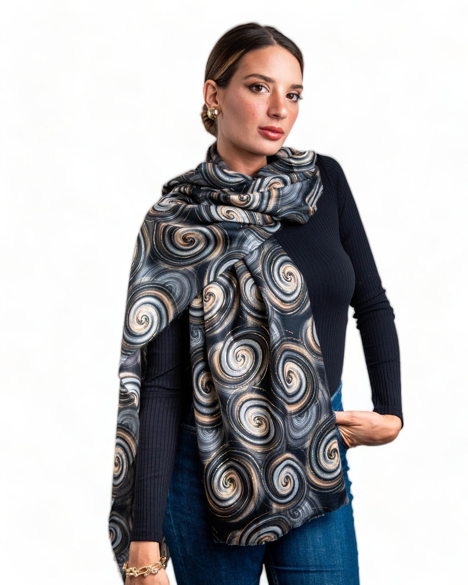 Sciarpa con spirali beige su tono nero - Mya Accessories